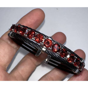 Cuff Bracelet Sterling Silver Black Metal Rope Red Garnet Stones dk 925